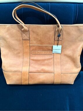 Burberry Tan Leather Tote with Embossed Front Logo and Double Straps